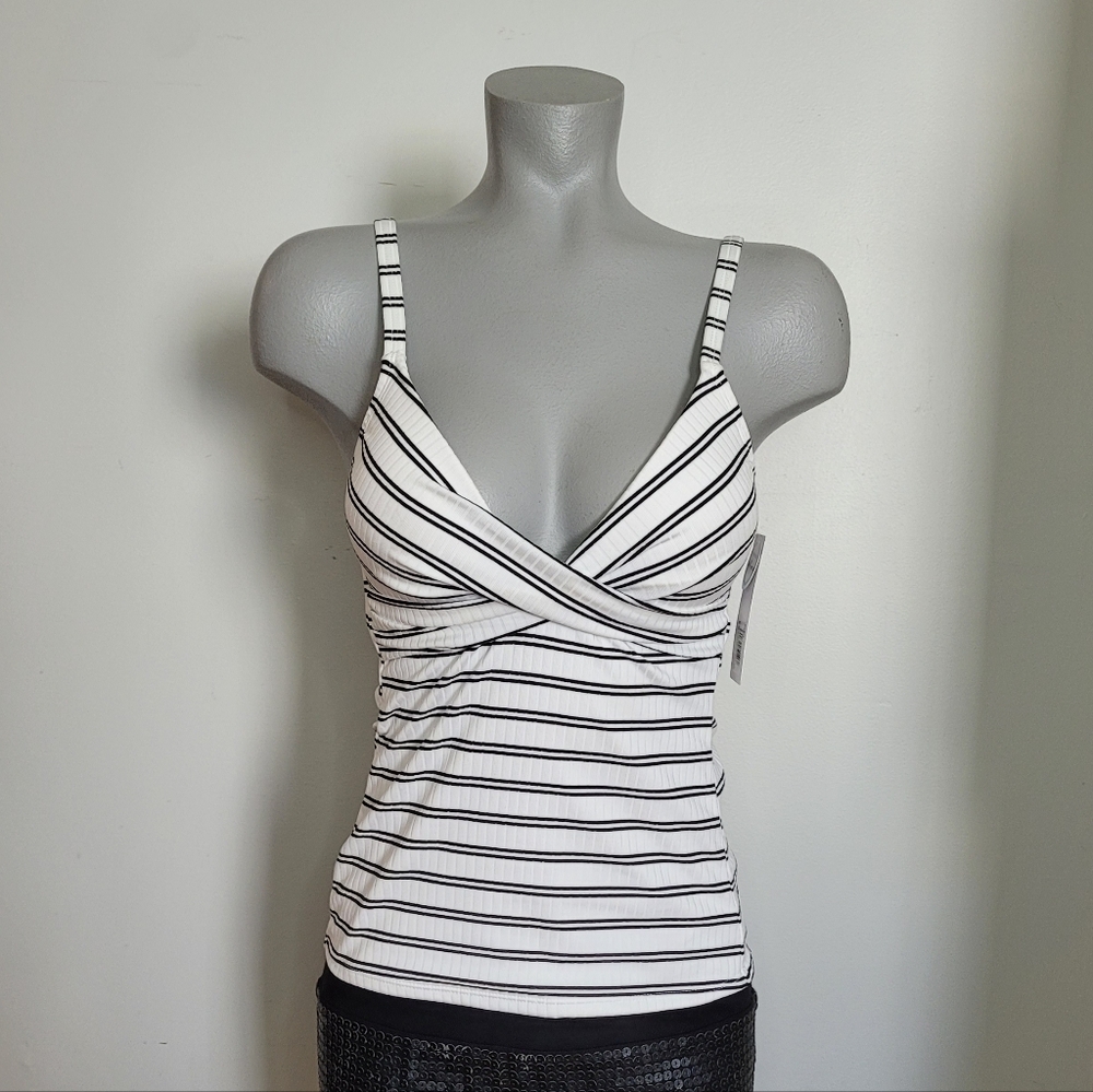 Striped White and Black Bathing Suit Top